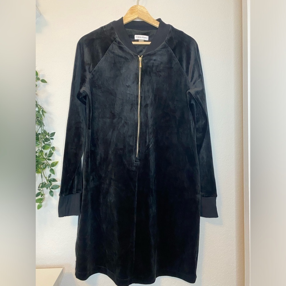 Calvin Klein Black Velour 3/4 Zip Dress - Medium